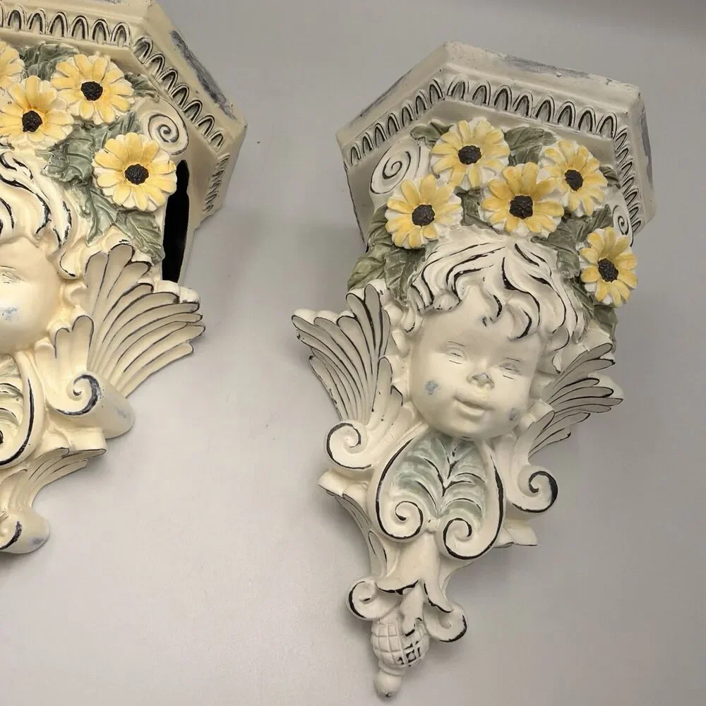 Vintage Cherub Curtain Rod Holders Wall Sconces Set 2 Resin Shabby Chic Floral